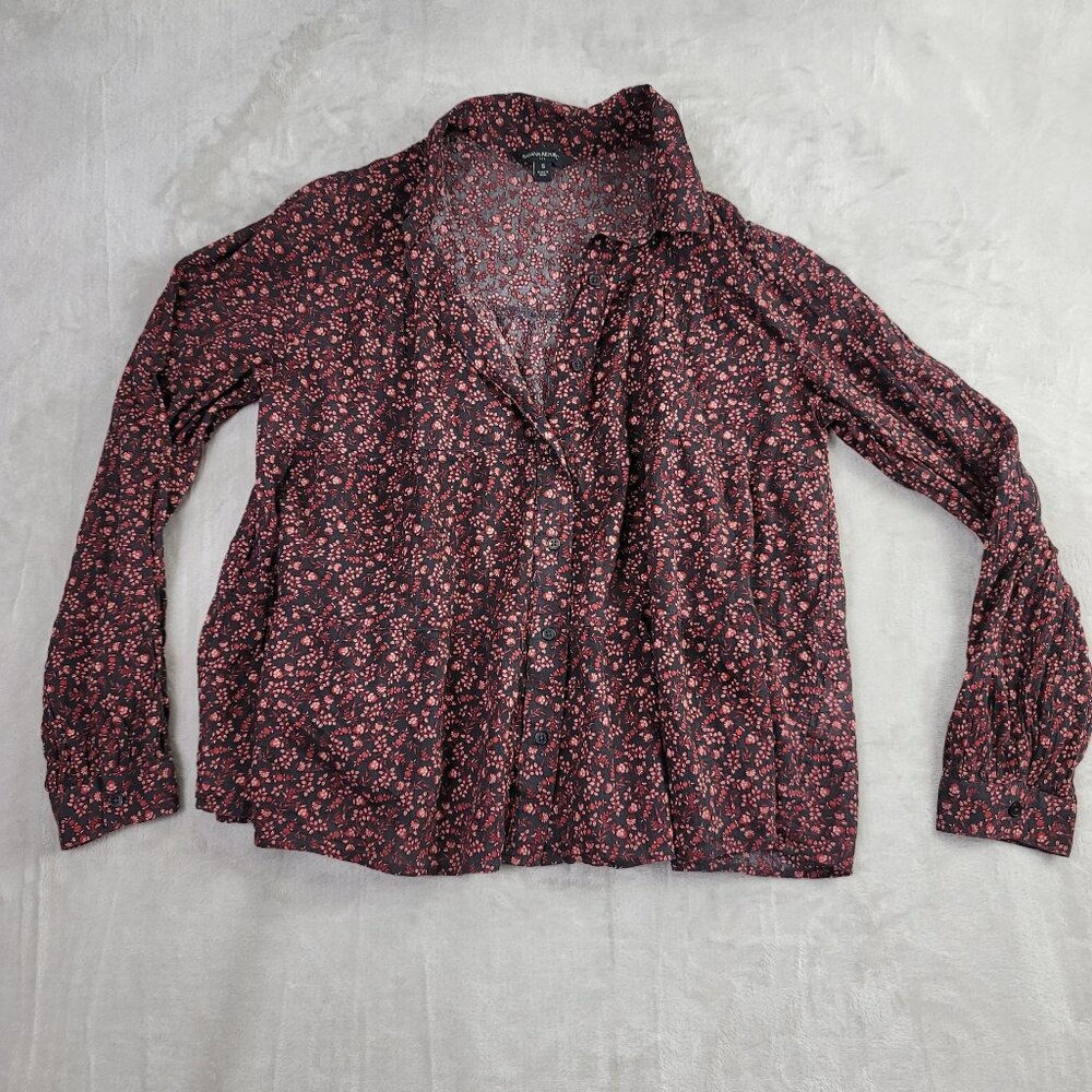 Banana Republic Black & Pink Floral Tiered Longsleeve Women's Blouse | Size S